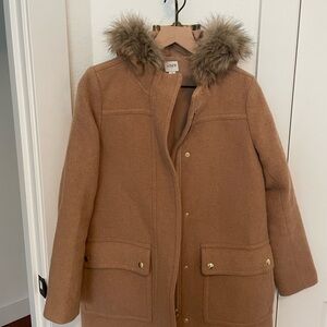 J. Crew Tan Puffer Jacket with Faux Fur Trim